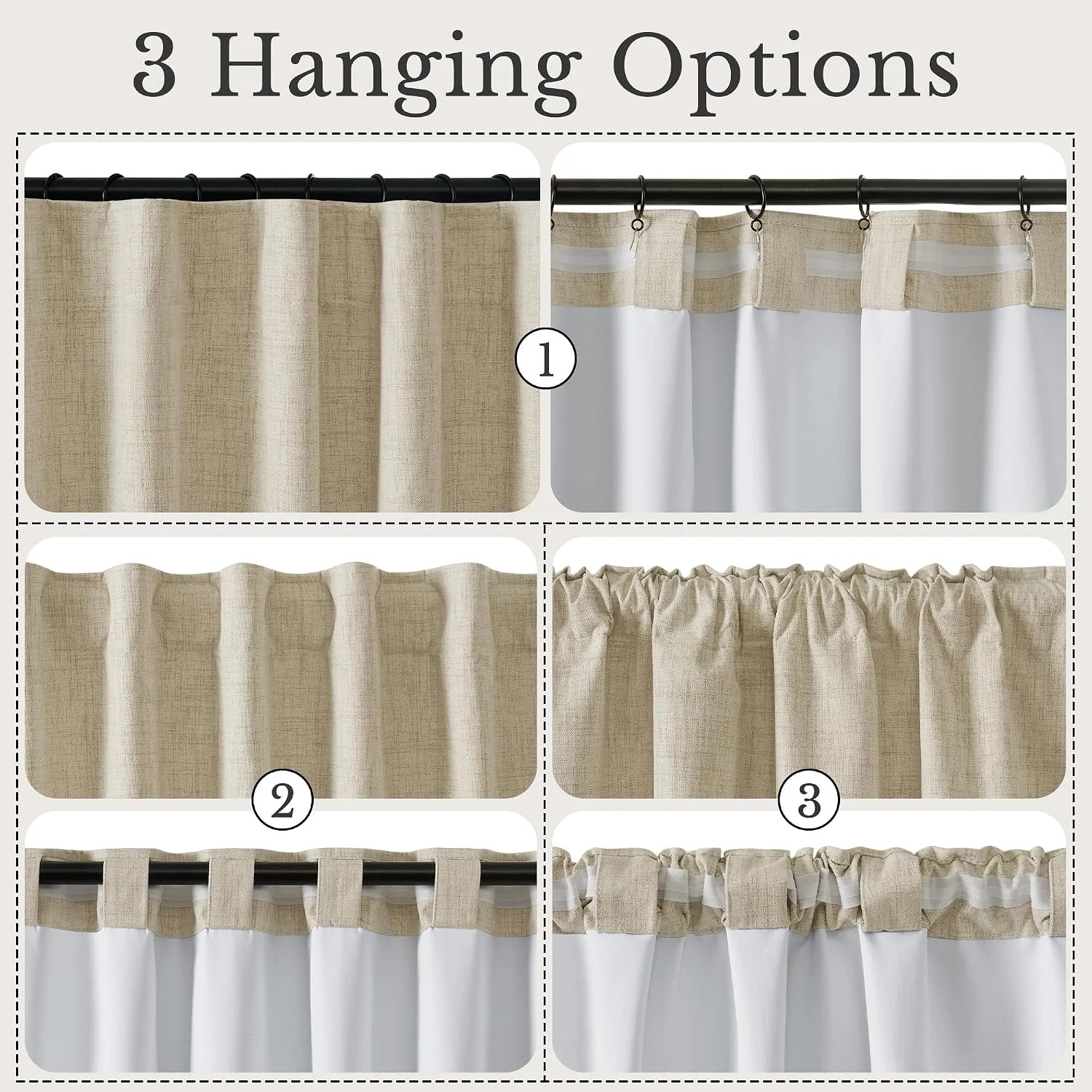 Three styles for hanging two-tone beige and white curtains: rod pocket, back tab, and gathered.