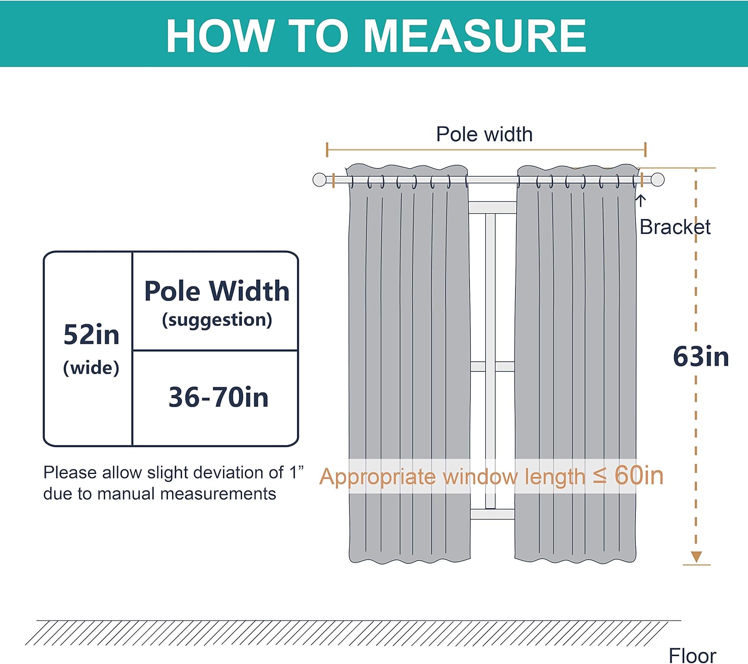 Diagram illustrating how to measure curtains for pole width, curtain width (52in), and length (63in) with suggestions.