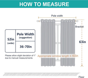 Diagram illustrating how to measure curtains for pole width, curtain width (52in), and length (63in) with suggestions.