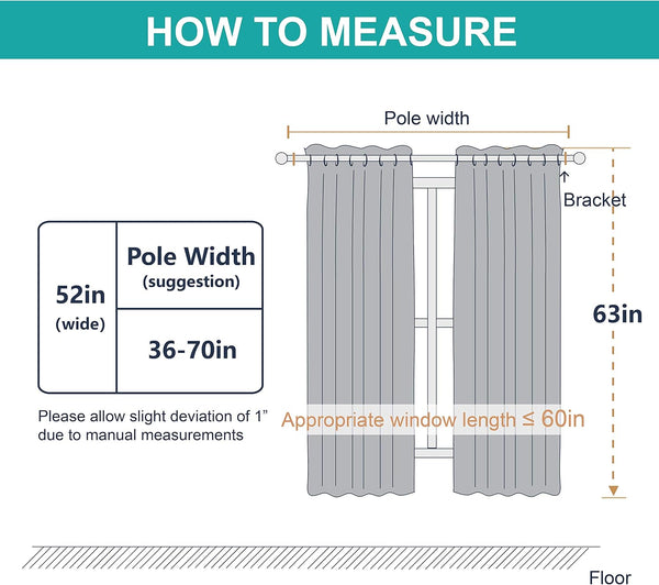 Diagram illustrating how to measure curtains for pole width, curtain width (52in), and length (63in) with suggestions.
