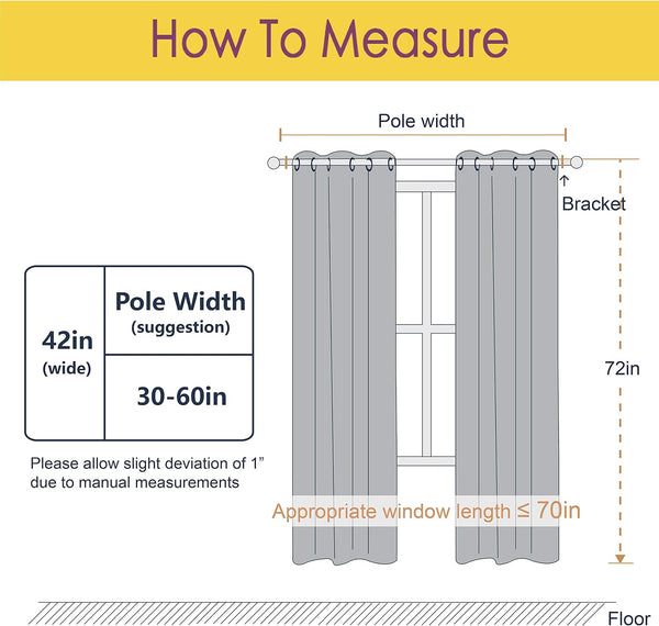 Diagram showing how to measure curtains with pole width and length suggestions. Grey grommet curtains with 72in length are illustrated.