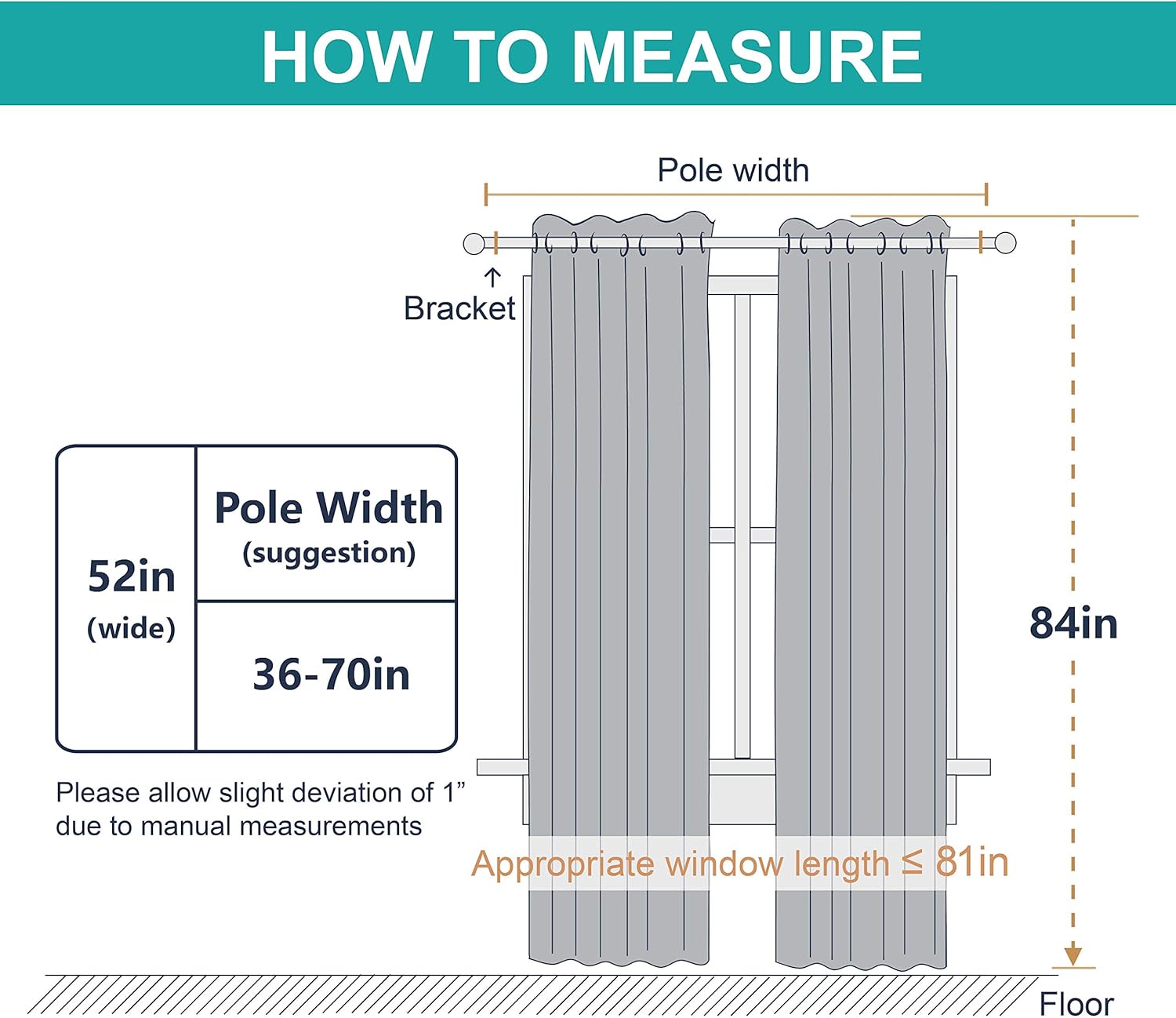 Diagram illustrates measuring curtains: 52in wide panel, 84in length, 36-70in pole width.