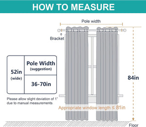 Diagram illustrates measuring curtains: 52in wide panel, 84in length, 36-70in pole width.