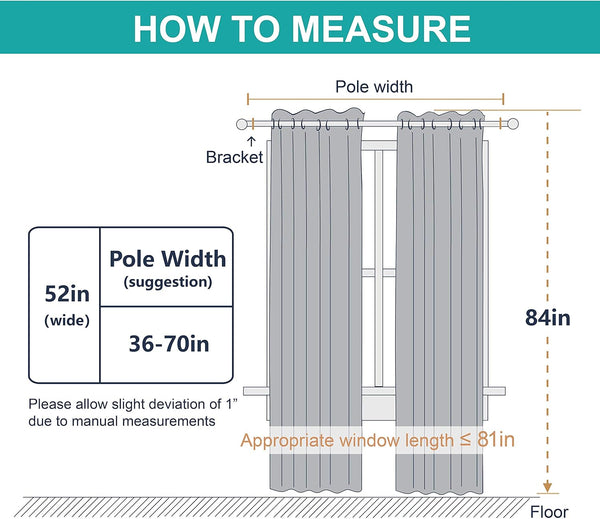 Diagram illustrates measuring curtains: 52in wide panel, 84in length, 36-70in pole width.
