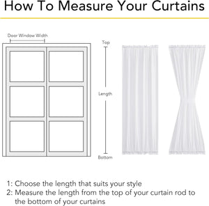 Instructional guide for measuring curtains, showing window width and length, with two white curtain styles.
