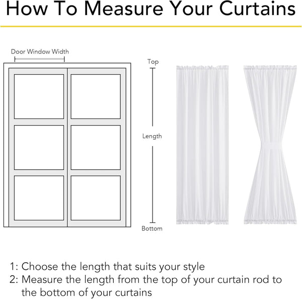 Instructional guide for measuring curtains, showing window width and length, with two white curtain styles.