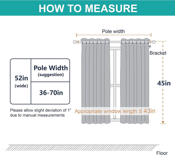 Diagram showing how to measure light grey grommet top curtains on a window, with pole width and length.