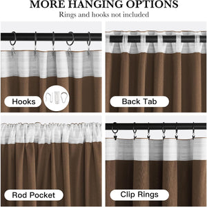 Brown and white curtain panel demonstrating four hanging options: hooks, back tabs, rod pocket, and clip rings.