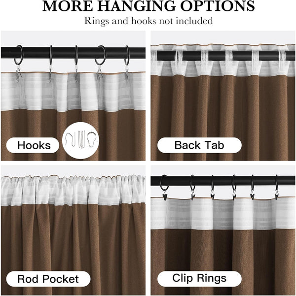 Brown and white curtain panel demonstrating four hanging options: hooks, back tabs, rod pocket, and clip rings.