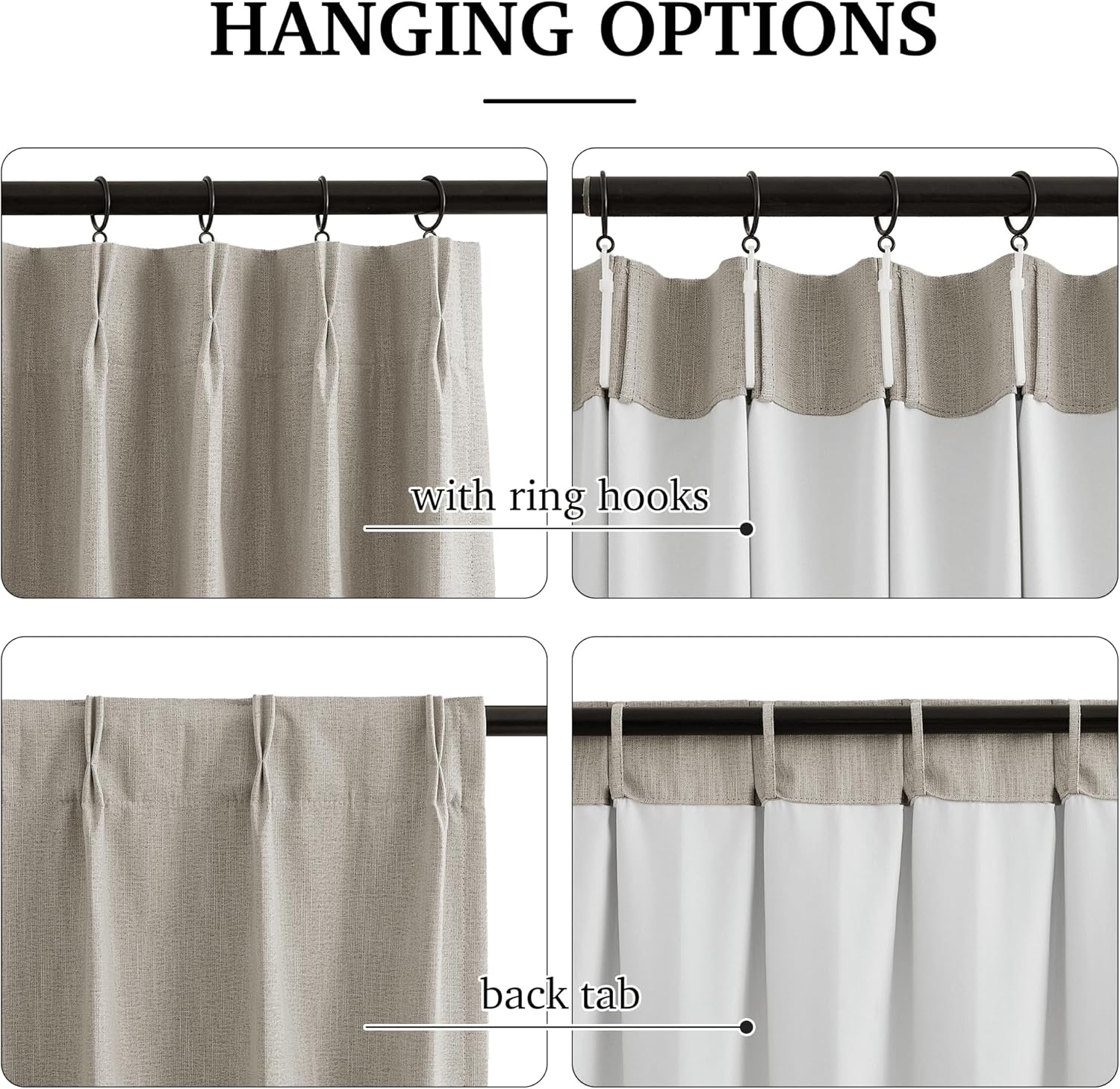 Light brown textured curtains with pinch pleat, ring hook, and back tab hanging styles.