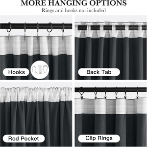 Grey and white curtain showing hooks, back tab, rod pocket, and clip ring hanging options.