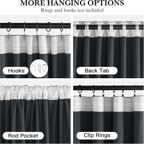 Grey and white curtain showing hooks, back tab, rod pocket, and clip ring hanging options.