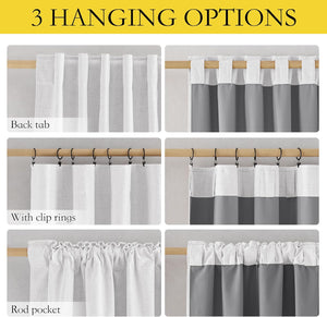 Curtain hanging options: back tab, clip rings, rod pocket. Featured on white and gray drapes.