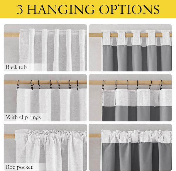 Curtain hanging options: back tab, clip rings, rod pocket. Featured on white and gray drapes.