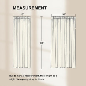 Illustration showing curtain panel measurements: narrow 13" and wide 52" widths, both 84" tall.