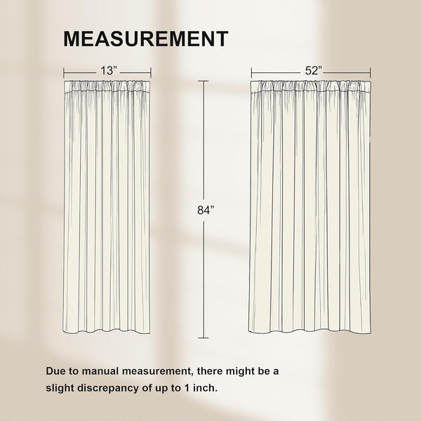 Illustration showing curtain panel measurements: narrow 13" and wide 52" widths, both 84" tall.