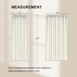 Measurement diagram for curtain panels, displaying 13 and 52-inch widths, with an 84-inch length.