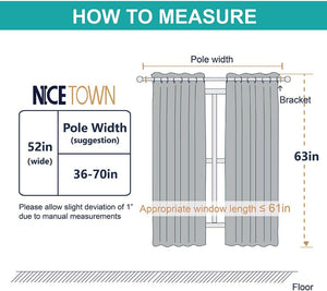 Diagram shows how to measure curtains. Gray grommet panels: 63in length, 52in width, pole width suggestions.