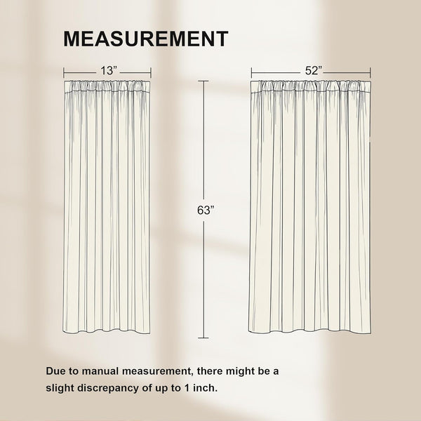 Diagram illustrating two curtain panels with 13-inch and 52-inch widths, both 63-inches long.
