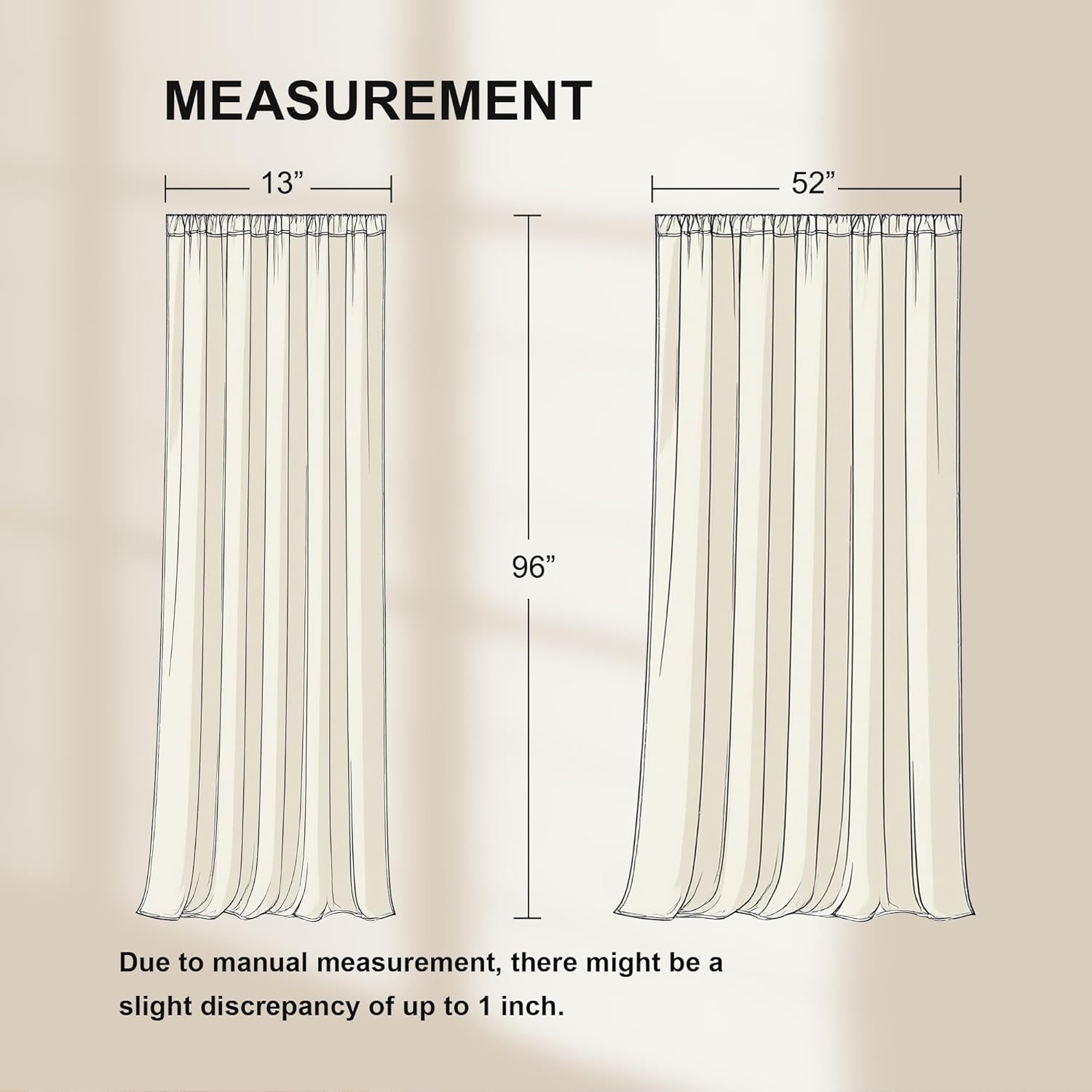 Visual guide for curtain panel dimensions: widths of 13 and 52 inches, length of 96 inches.