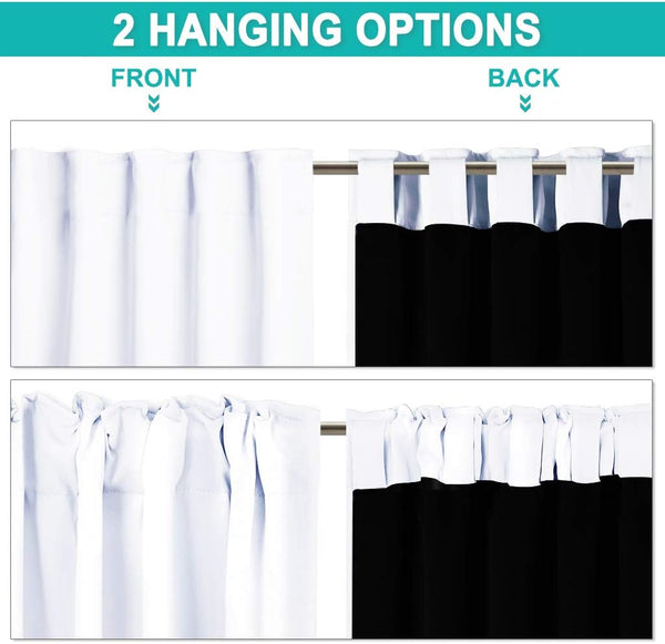 White and black curtain close-up demonstrating rod pocket and back tab hanging styles on a curtain rod.