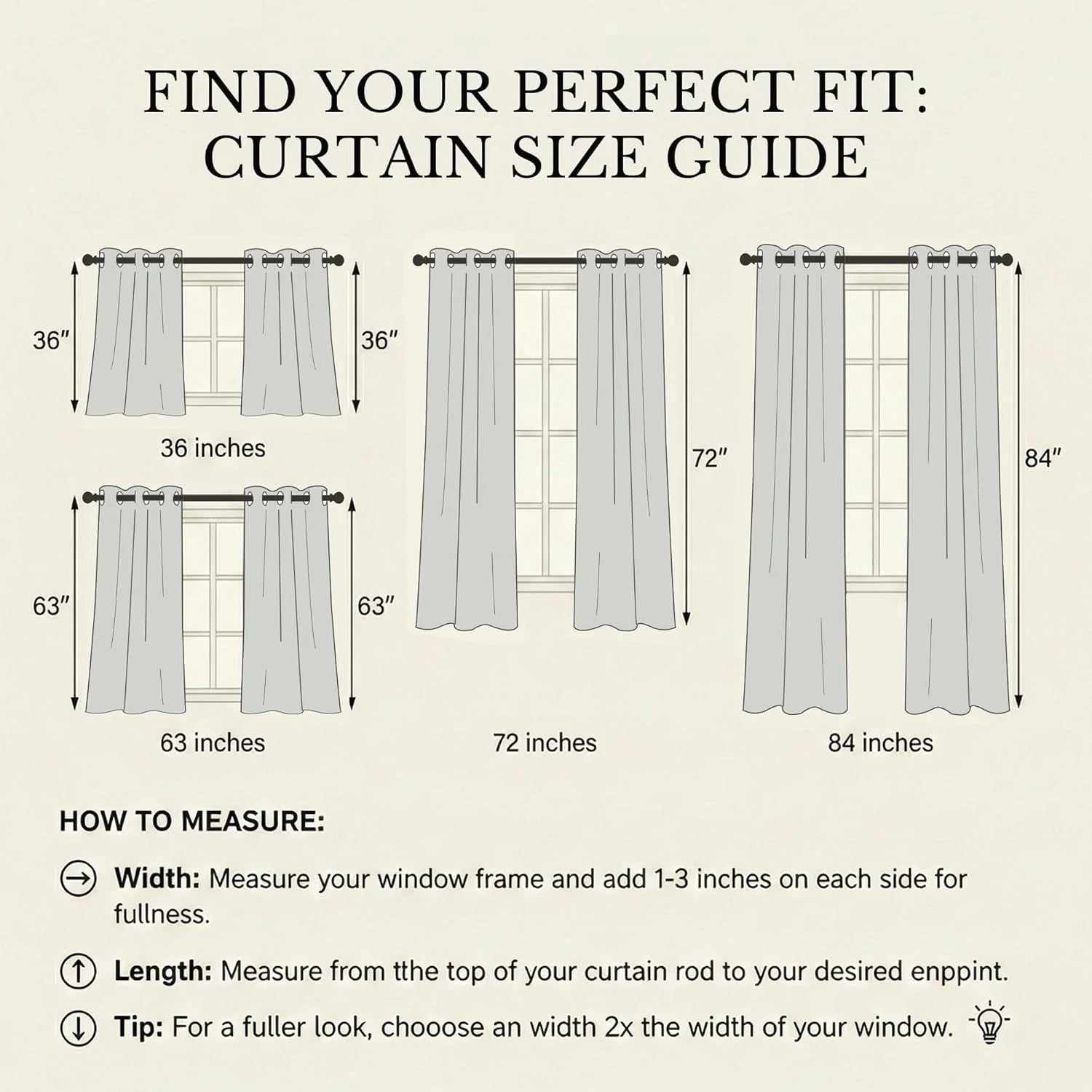 Infographic displaying a curtain size guide with illustrations and detailed measuring instructions.