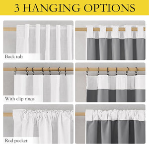 Three curtain hanging options: back tab, clip ring, and rod pocket for white and gray fabric.