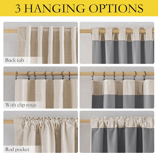 Three hanging options for beige linen-look and grey blackout curtains: back tab, clip rings, and rod pocket.