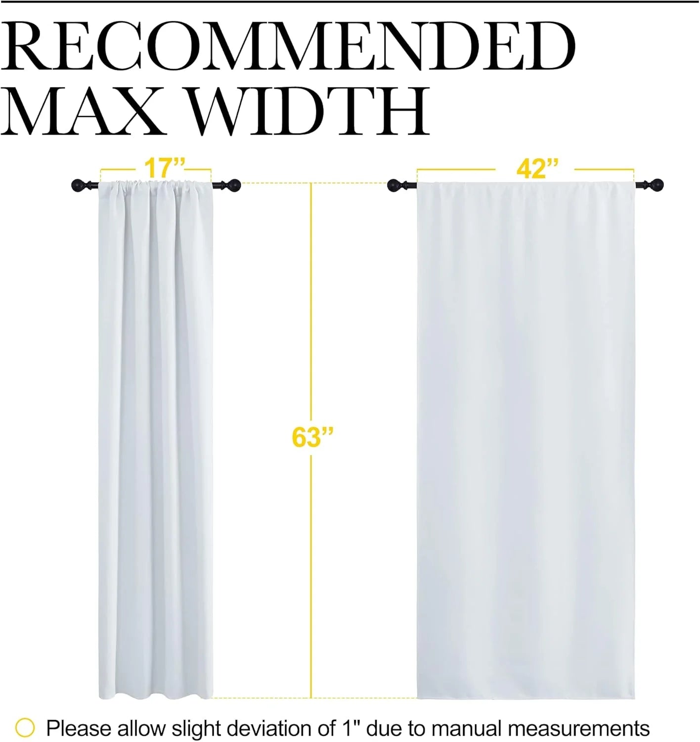 Diagram showing two white curtain panels with width and height measurements for recommended sizing