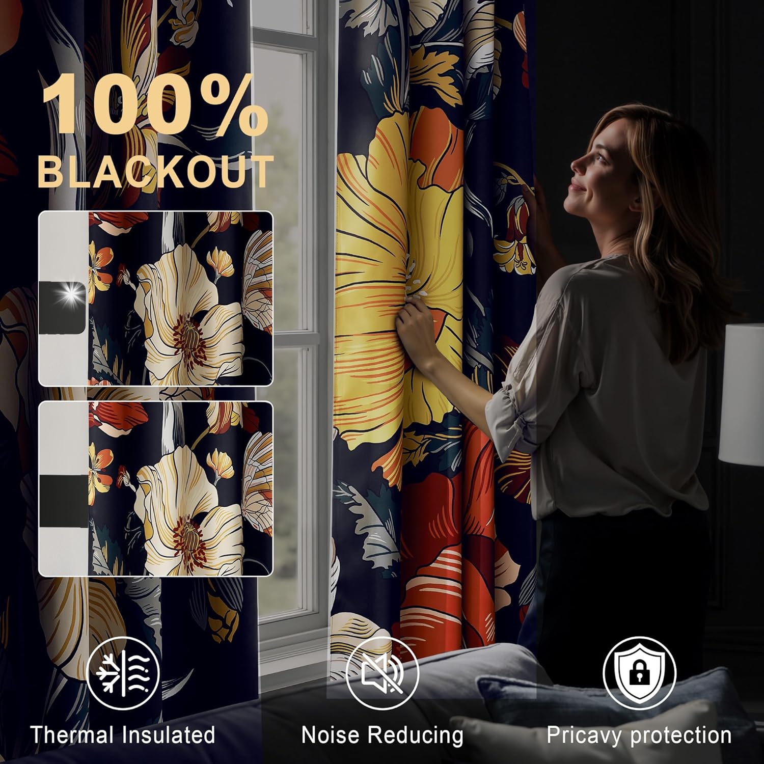 Dark blue floral blackout curtains with yellow and orange patterns, hanging by a window.