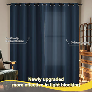 Dark blue grommet top blackout curtains demonstrating superior light blocking compared to ordinary curtains.