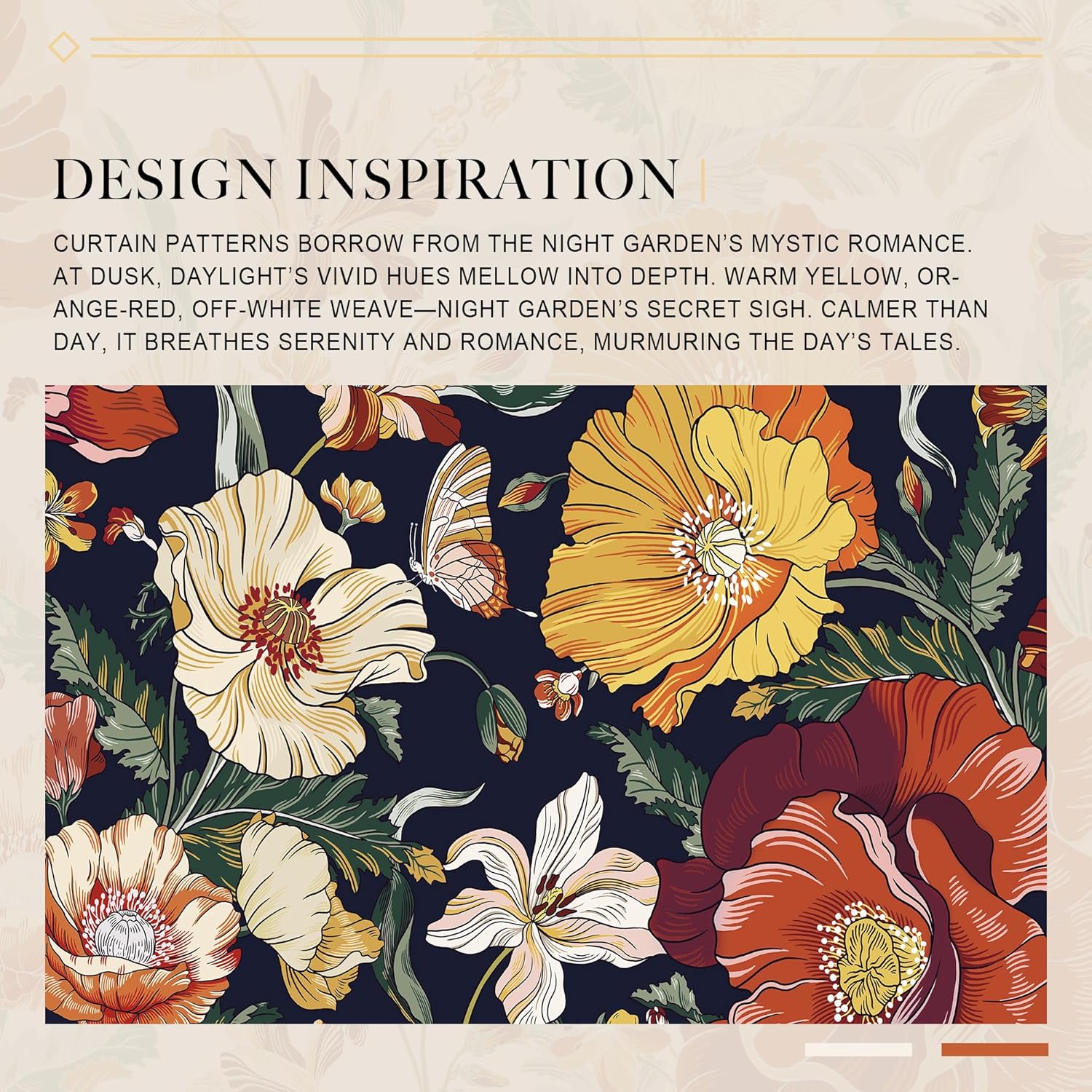 Dark blue curtain pattern with yellow, orange, cream flowers, green leaves, and butterfly.