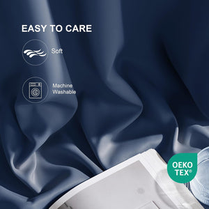 Deep blue soft fabric with gentle folds, highlighting machine washable and OEKO-TEX certified.
