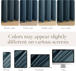 Dark blue velvet fabric sample shows color under different lights and on various screens.