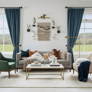 Pair of dark blue velvet curtains with a pleated top, tied back in a modern living room window.
