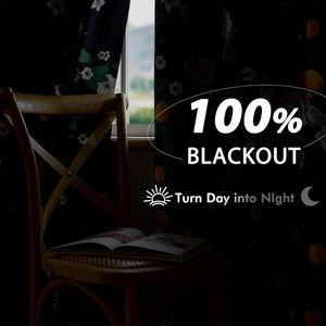 Dark botanical floral blackout curtains with white flowers, blocking daylight for a darkened room.