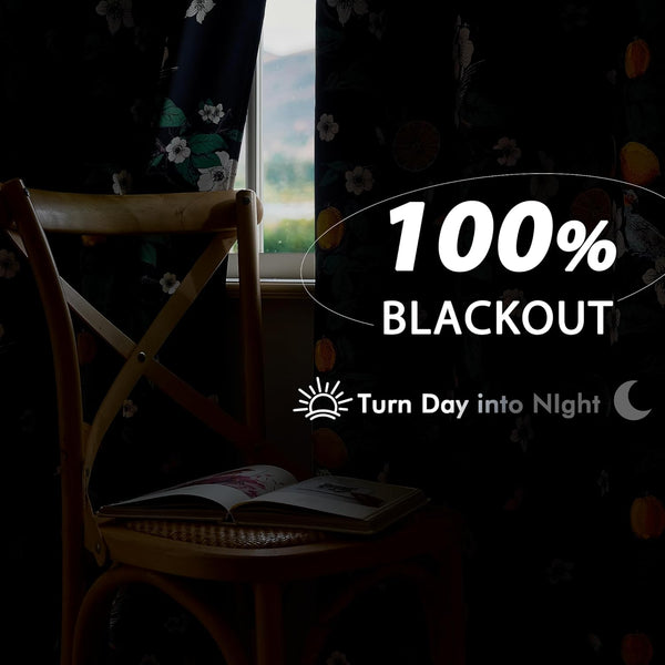 Dark botanical floral blackout curtains with white flowers, blocking daylight for a darkened room.