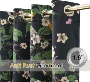 Dark botanical curtains with white flowers and green leaves. Features 1.6 inch silver grommets.