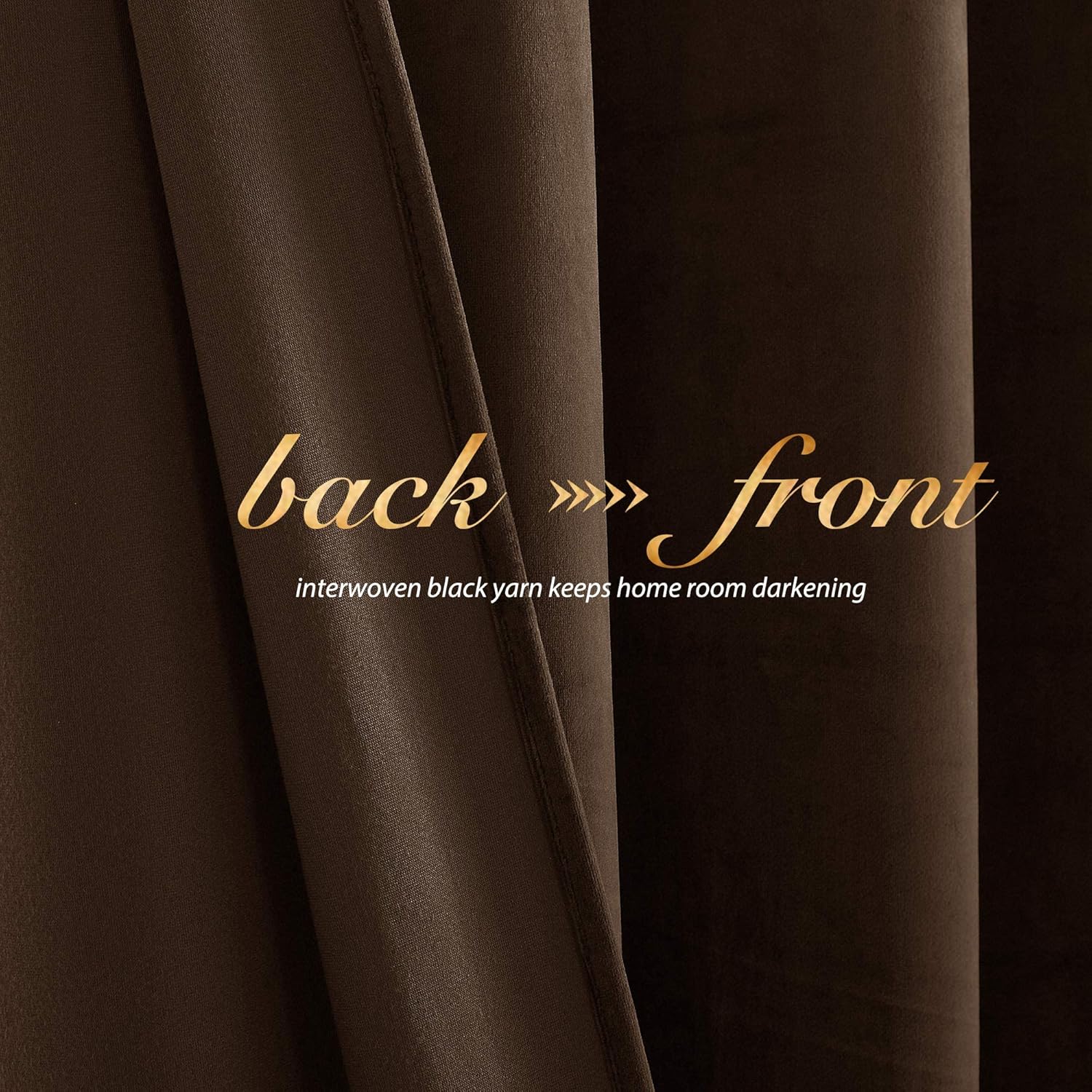 Close-up of dark brown blackout curtain fabric showing front and back, with interwoven black yarn for room darkening.