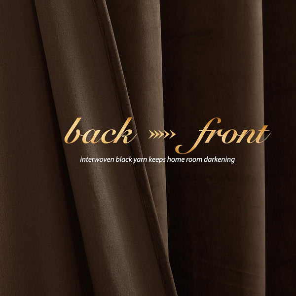 Close-up of dark brown blackout curtain fabric showing front and back, with interwoven black yarn for room darkening.
