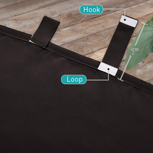 Close-up of a dark brown blackout curtain strap showing a 7-inch hook and loop fastener.