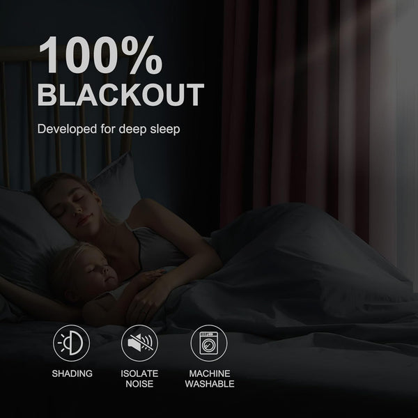 Dark brown blackout curtains provide 100% darkness for a woman and child sleeping peacefully.
