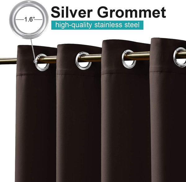 Close-up of dark brown blackout curtains with 1.6-inch silver stainless steel grommets on a golden rod.