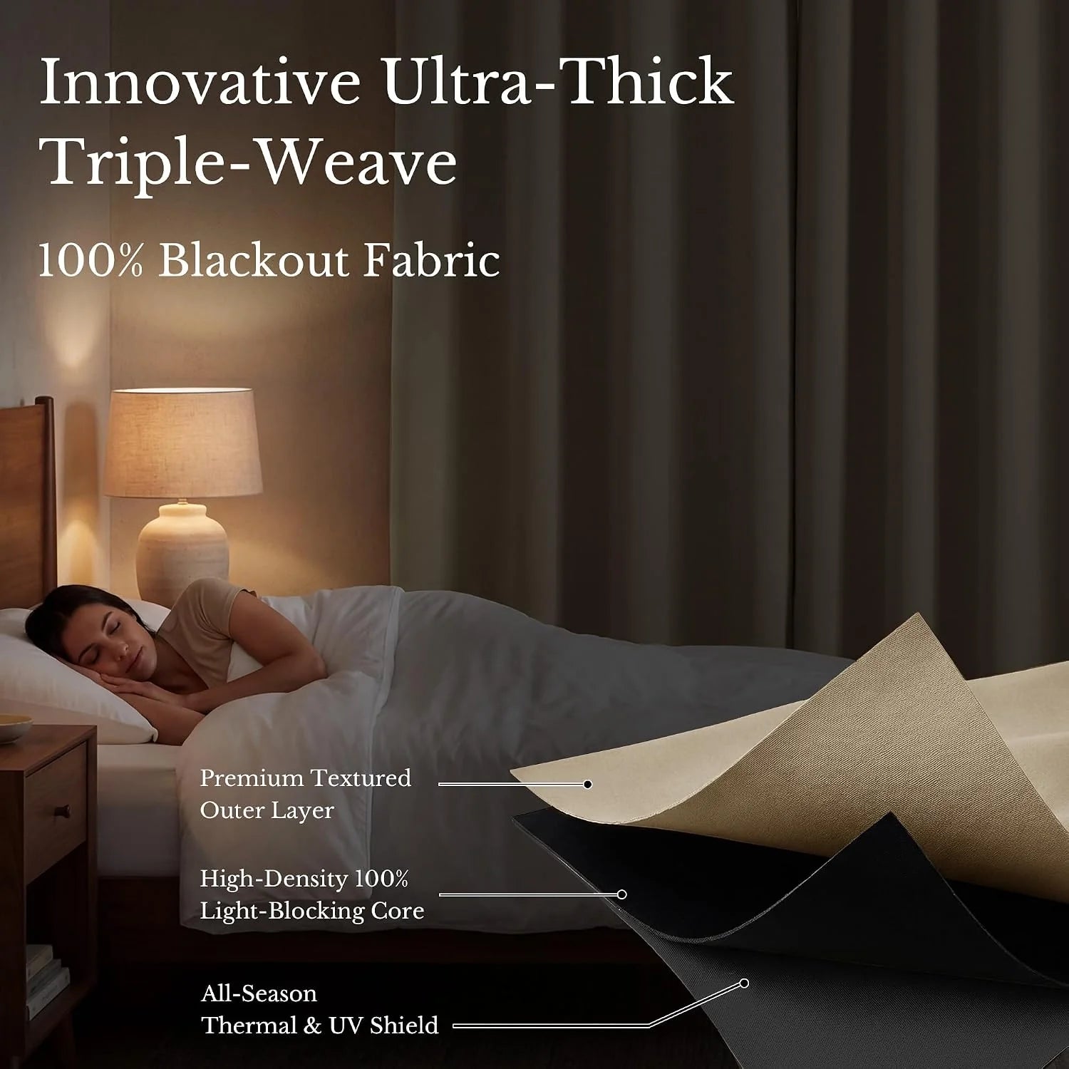 Dark brown triple-weave blackout curtains shown with cutaway layers and a woman sleeping in a dark bedroom.