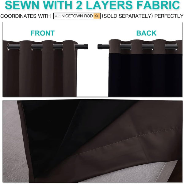 Dark brown two-layer blackout curtains with grommet top. Displays front view and black fabric lining from the back.