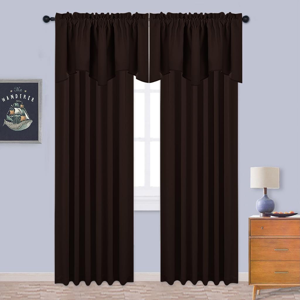 Pair of chocolate brown blackout curtains with a gathered rod pocket and matching scalloped valance.