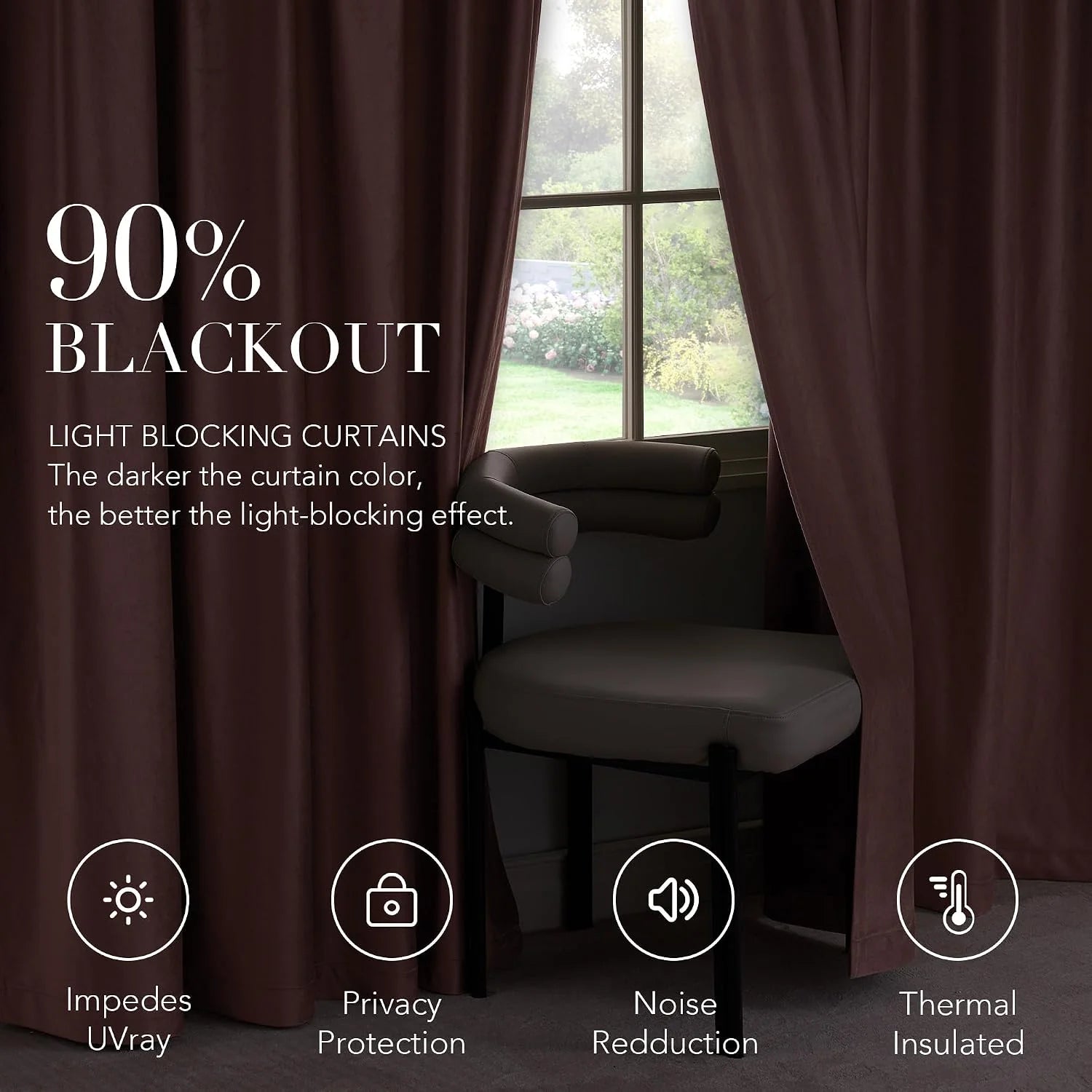 Dark brown blackout curtains framing a window with a chair, promoting 90% light blocking
