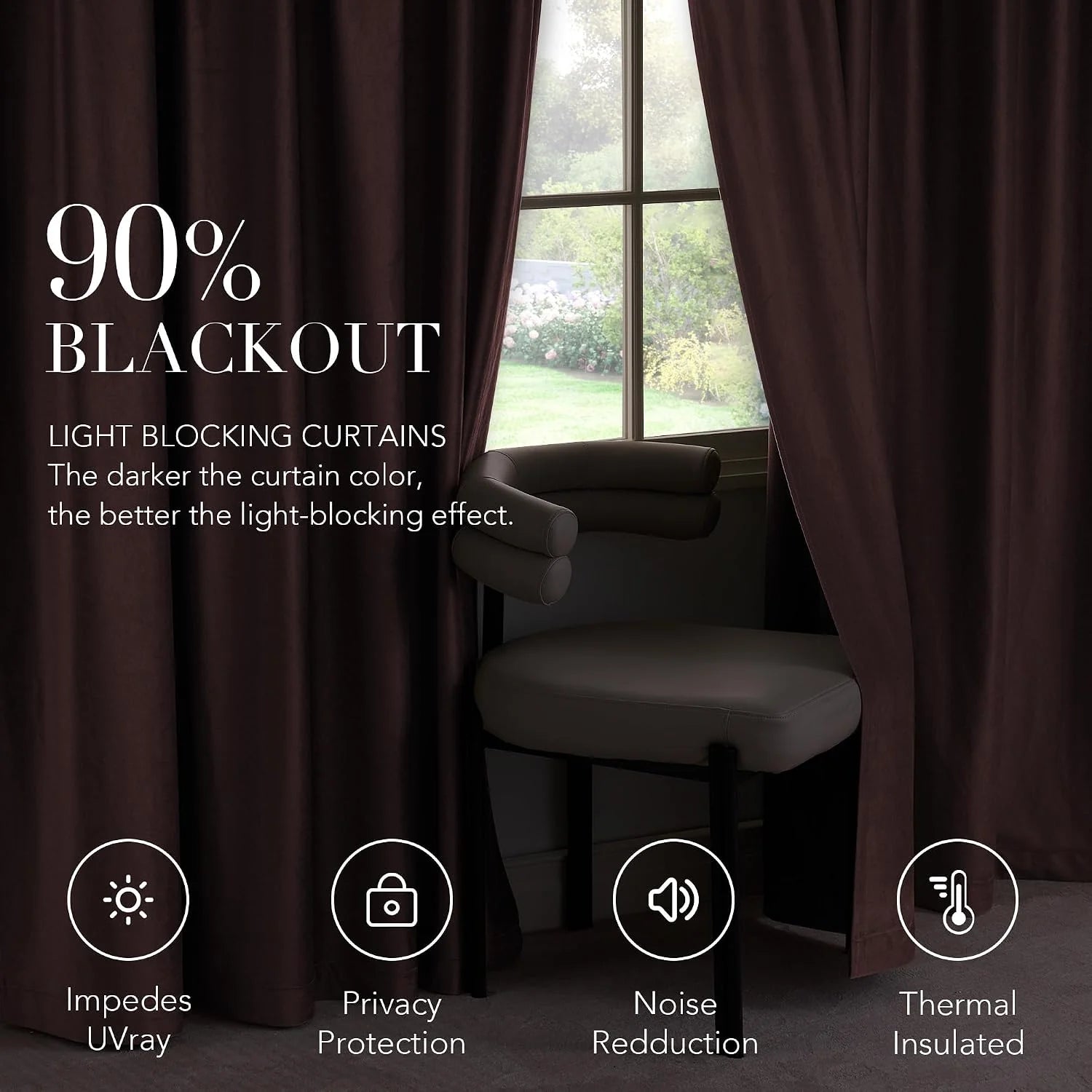 Dark brown blackout curtains framing a window with a chair in a cozy room
