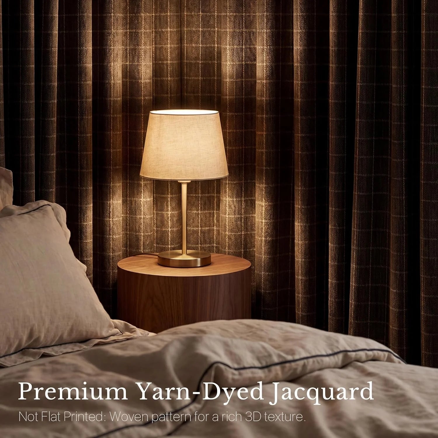 Dark brown yarn-dyed jacquard plaid curtains in a cozy bedroom with beige linen bedding and warm lamp.