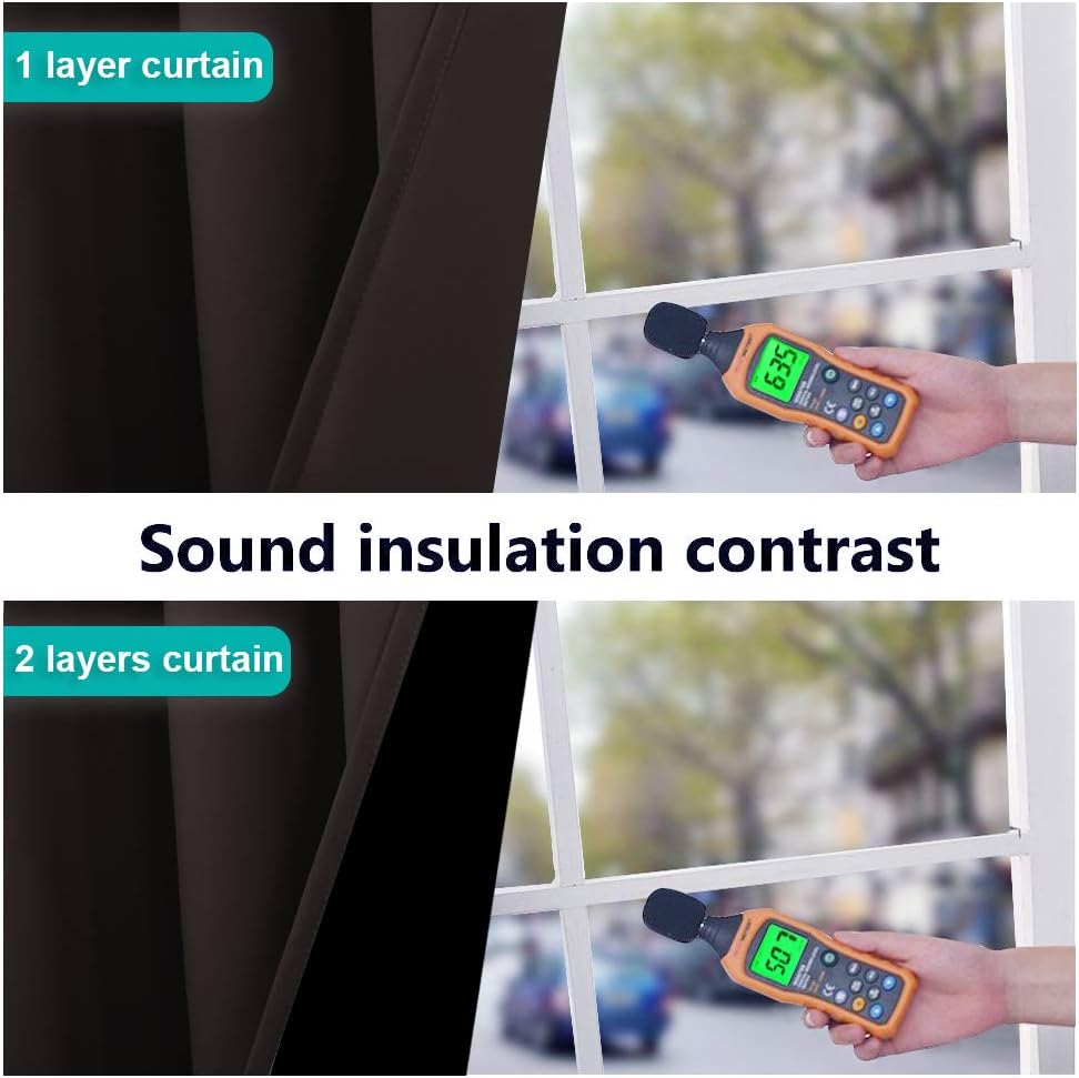 Dark brown layered soundproof curtains comparison: 1 layer 63.5 dB, 2 layers 50.7 dB outside window.